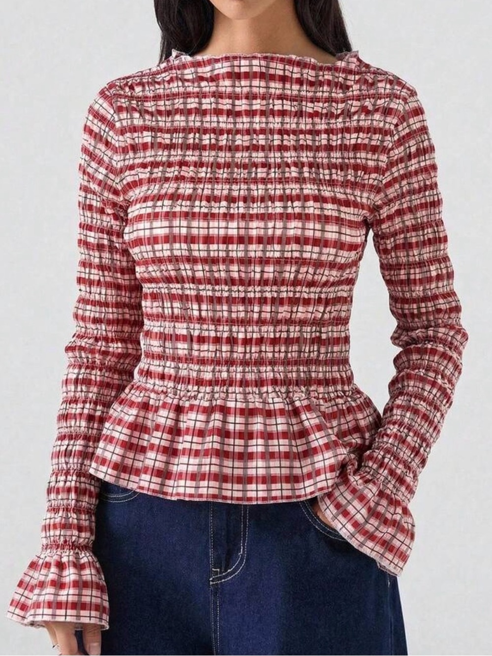 Smocked Plaid Long-Sleeve Peplum Top - Red